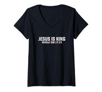 Mujer Jesús es el Rey Apocalipsis 17:14 Cristiano religioso Camiseta Cuello V