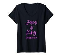 Mujer Jesús es el Rey Apocalipsis 17:14 Escritura Dios Rosa Biblia Niña Camiseta Cuello V