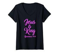 Mujer Jesús es el Rey Apocalipsis 17:14 Escritura Dios Rosa Biblia Niña Camiseta Cuello V