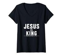 Mujer Jesús es el Rey Apocalipsis 17 14 Verso de la Biblia Cristiano Camiseta Cuello V