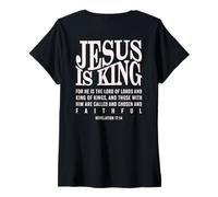 Mujer Jesús es el Rey Fe Cristiana versículo bíblico Apocalipsis 17:14 Camiseta Cuello V