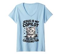 Mujer Jesús es mi copiloto Estamos navegando por Gatos Bíblico Camiseta Cuello V
