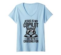Mujer Jesús es mi copiloto y Estamos Buscando Gatos - Biblia Divertida Camiseta Cuello V