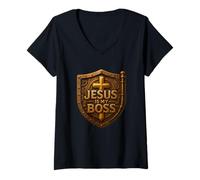 Mujer Jesús es mi Jefe Christian Shield Superhéroe Camiseta Cuello V