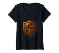 Mujer Jesús es mi Jefe Christian Shield Superhéroe Camiseta Cuello V