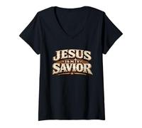 Mujer Jesús es mi Salvador Cruz de fe Cristiana Regalo del Camiseta Cuello V