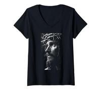 Mujer Jesus Face Crown of Thorns God Bible Christian Easter Camiseta Cuello V