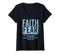 Mujer Jesus Faith Over Fear White Blue Psalms 118:6 Christian God Camiseta Cuello V