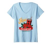 Mujer Jesus Fills My Cup Psalm 23:5 Positive Faith Quote Camiseta Cuello V