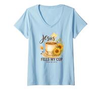 Mujer Jesus Fills My Cup Psalm 23:5 Watercolor Sunflower Camiseta Cuello V