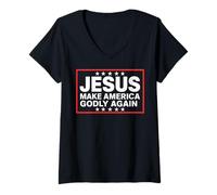 Mujer Jesús Hace Que Estados Unidos vuelva a ser piadoso Cristiano Conservador EE.UU Camiseta Cuello V