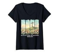 Mujer Jesus He is Risen Cruz Cristiana Feliz Pascua Mujeres Niñas Camiseta Cuello V