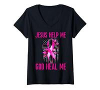 Mujer Jesus Help God Heal Me Breast Cancer Awareness Cinta Rosa Camiseta Cuello V