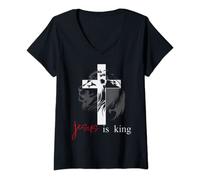 Mujer Jesus is King Shirt,Cross Lion Jesus TShirt,Jesus is King Camiseta Cuello V