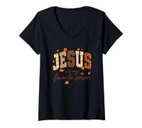 Mujer Jesus Is My Favorite Season Fall Christian Leopard Plaid Camiseta Cuello V