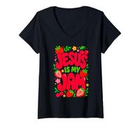 Mujer Jesus is My Jam Cute Christian Strawberry Faith Camiseta Cuello V