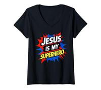Mujer Jesus Is My Superhero Christian God Religious Comic Kids Boy Camiseta Cuello V