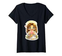 Mujer Jesús Kawaii Chibi Sagrado Corazón Arte Camiseta Cuello V