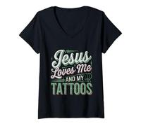 Mujer Jesus Loves Me And My Tattoos Tinta de fe positiva --- Camiseta Cuello V