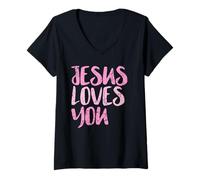 Mujer Jesus Loves You, Mensaje Rosa Desgastado, Cristiano Camiseta Cuello V