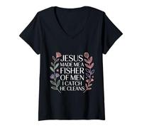 Mujer Jesus Made Me A Fisher of Men I Catch He Cleans |- Camiseta Cuello V