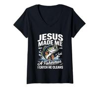 Mujer Jesus Made Me a Fisherman I Catch He Cleans Christian Bible Camiseta Cuello V