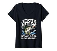 Mujer Jesus Made Me a Fisherman I Catch He Cleans Christian Bible Camiseta Cuello V