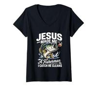 Mujer Jesus Made Me a Fisherman I Catch He Cleans Christian Bible Camiseta Cuello V