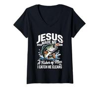 Mujer Jesus Made Me a Fisherman I Catch He Cleans Christian Bible Camiseta Cuello V