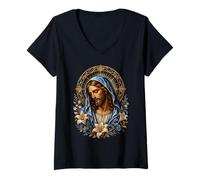 Mujer Jesús Manto Azul Lirio Floral gótico Icono devocional Arte Camiseta Cuello V