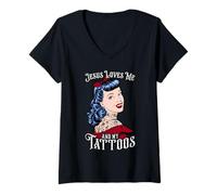 Mujer Jesús Me ama Y Mis Tatuajes Tatuado Vintage Pop Art Girl Camiseta Cuello V