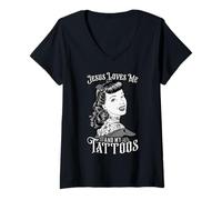 Mujer Jesús Me ama Y Mis Tatuajes Tatuado Vintage Pop Art Girl Camiseta Cuello V