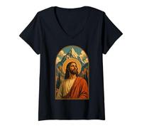 Mujer Jesus Mountain Halo Cristiano Devocional Paisaje Arte Fe Camiseta Cuello V