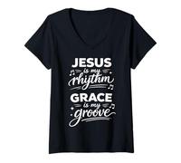 Mujer Jesus My Rhythm Grace Is My Groove Cita de música Cristiana Camiseta Cuello V