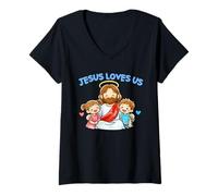 Mujer Jesús Nos ama Cristianos niños fe Cristianismo Lindo Garabato Camiseta Cuello V