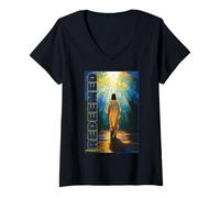 Mujer Jesús redimió Efesios 1:7 Vidriera Cristiana Camiseta Cuello V
