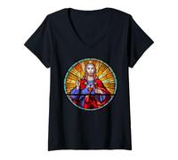 Mujer Jesús Sagrado Corazón Rojo Vitral Sao Paulo Arte Católico Camiseta Cuello V