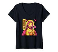 Mujer Jesús Salva Christian Anime Sacred Heart Manga Pop Art Style Camiseta Cuello V