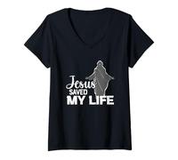 Mujer Jesús salvó mi vida Fe espiritual Camiseta Cuello V