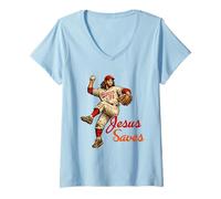 Mujer Jesus Saves Funny Baseball Meme Christian Religious Humor Camiseta Cuello V