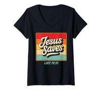 Mujer Jesus Saves Luke 19:10 Retro Vintage Christian Bible Verse Camiseta Cuello V