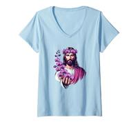 Mujer Jesús sosteniendo orquídeas moradas Camiseta Cuello V