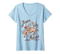 Mujer Jesús Take The Riendas Vintage Vaquero Camiseta Cuello V