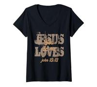 Mujer Jesús te ama a ti y a mí Juan 15:13 La fe Cristiana Cita Arte Camiseta Cuello V