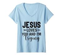 Mujer Jesús te ama Cristianos y Mujeres Agradecidos Agradecidos Camiseta Cuello V