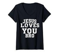 Mujer Jesús te ama Hermano Camisa de fe Cristiana Divertida Camiseta Cuello V