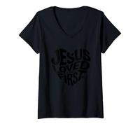 Mujer Jesús Te Amó Primero Corazón Fe Cristiano Camiseta Cuello V