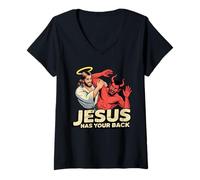 Mujer Jesús te respalda - Jesús derrotando al Diablo Camiseta Cuello V
