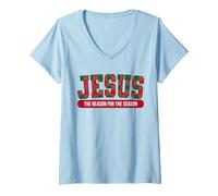 Mujer Jesús The Reason For The Season Plaid Christmas Christian Camiseta Cuello V