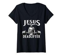 Mujer Jesus The Ultimate Deadlifter Funny Christian Workout Gym Camiseta Cuello V